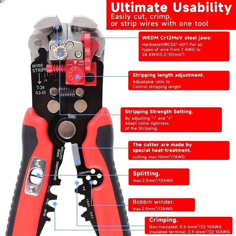 Multifunctional Wire Stripper, Five-in-One All-Purpose, Widely Compatible with 7-24 AWG, Intelligent Adjustment for Precise Stripping Without Damaging Core, Full Capabilities in Cutting, Crimping, Splitting, and Winding, Essential for Electricians and DIY