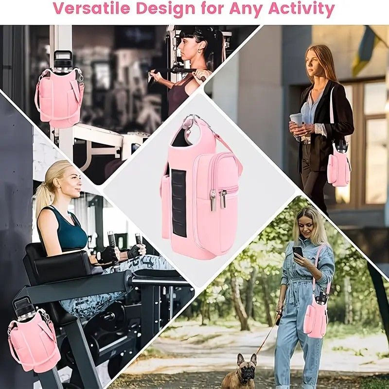 6-Magnet Suction Fitness Water Bottle Bag: Comes with Phone Pocket + Multi-Pocket Crossbody Design, Adjustable Shoulder Strap, Compatible with Treadmill and Squat Rack, Thickened Wear-Resistant Sports Essential/pink
