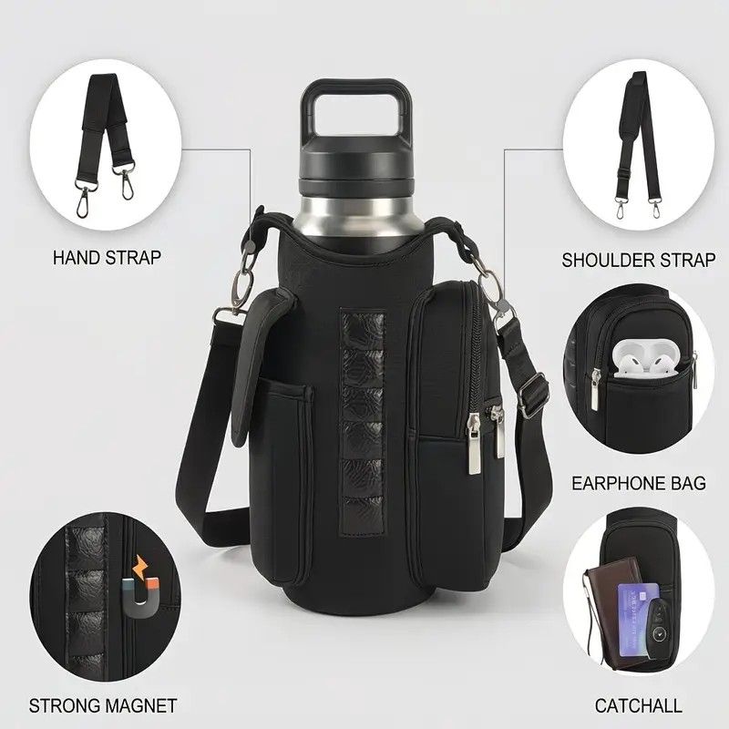 6-Magnet Suction Fitness Water Bottle Bag: Comes with Phone Pocket + Multi-Pocket Crossbody Design, Adjustable Shoulder Strap, Compatible with Treadmill and Squat Rack, Thickened Wear-Resistant Sports Essential/BLACK