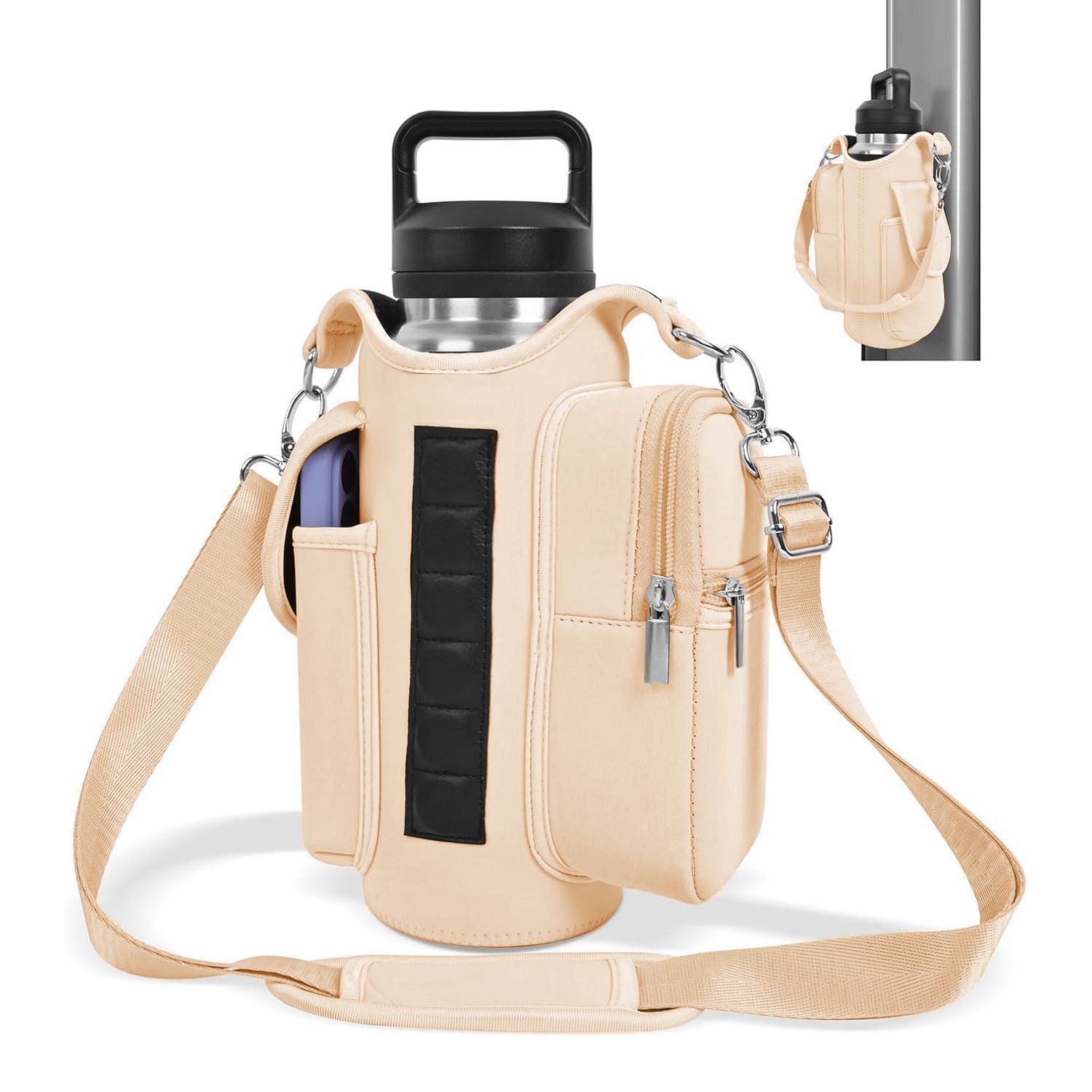 6-Magnet Suction Fitness Water Bottle Bag: Comes with Phone Pocket + Multi-Pocket Crossbody Design, Adjustable Shoulder Strap, Compatible with Treadmill and Squat Rack, Thickened Wear-Resistant Sports Essential/beige