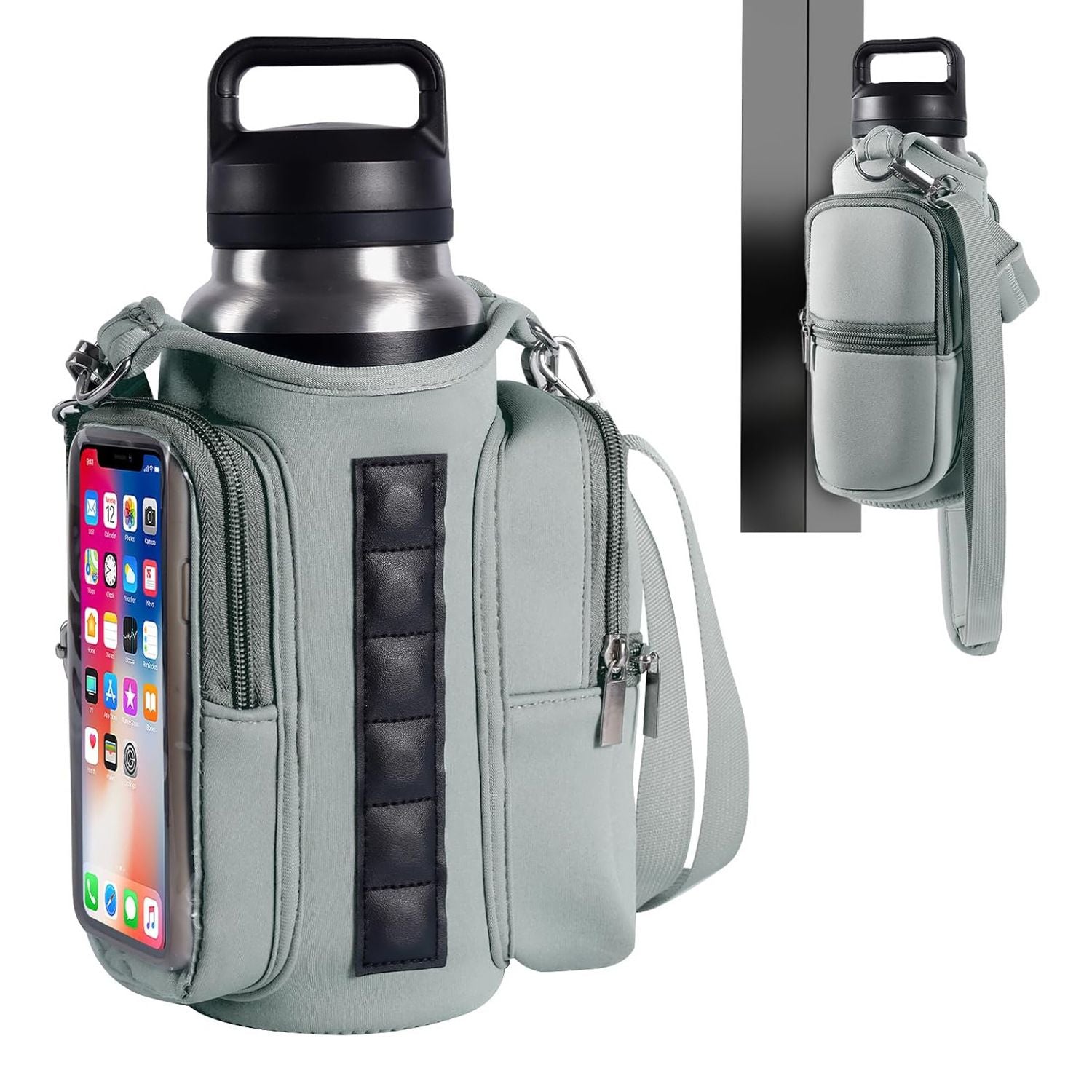 Transparent Single Row 6 Magnet Fitness Water Bottle Bag: HD touchscreen phone pocket, multi-pocket storage, thickened wear-resistant material securely attaches to equipment, one bag handles all sports and travel needs./black