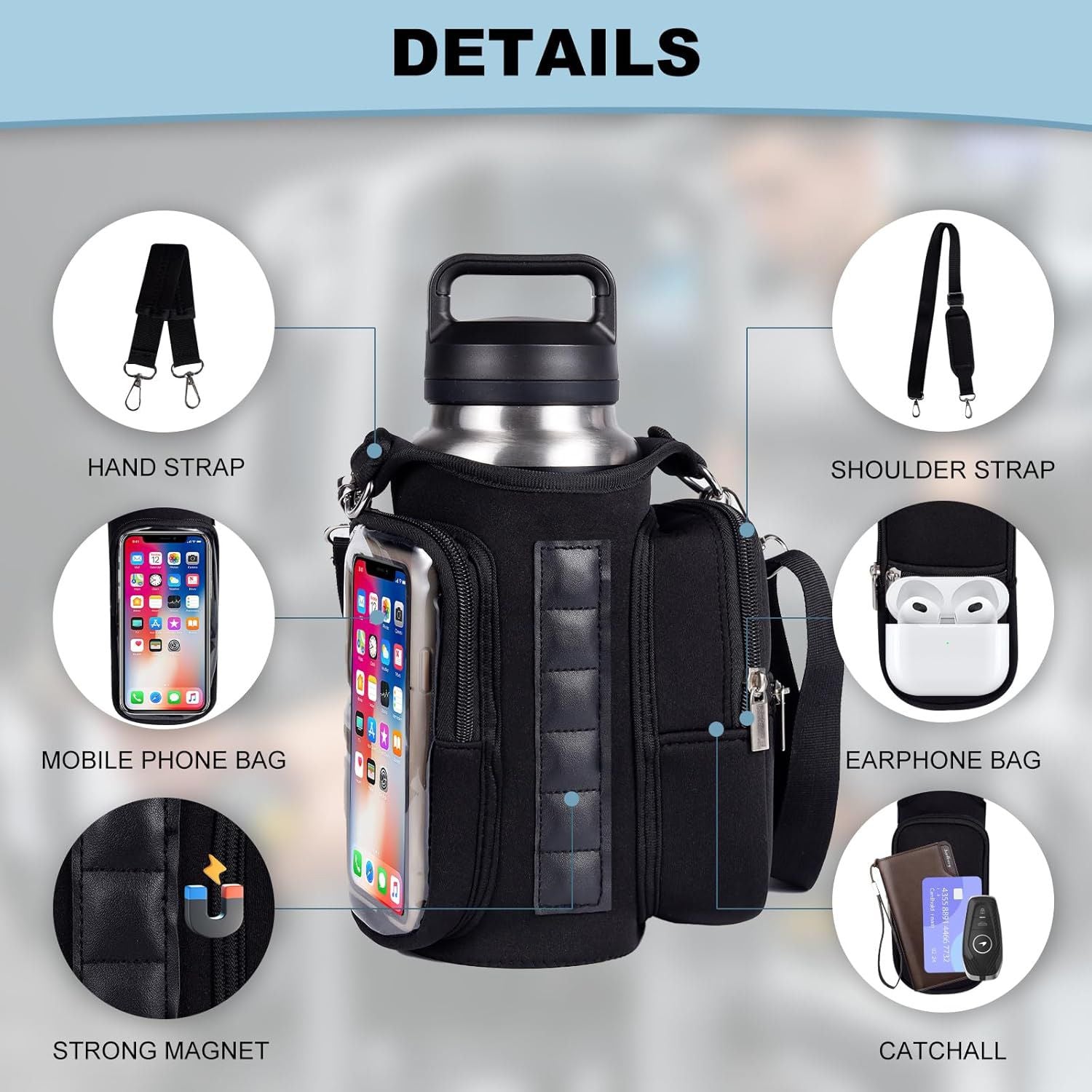Transparent Single Row 6 Magnet Fitness Water Bottle Bag: HD touchscreen phone pocket, multi-pocket storage, thickened wear-resistant material securely attaches to equipment, one bag handles all sports and travel needs./BLUE