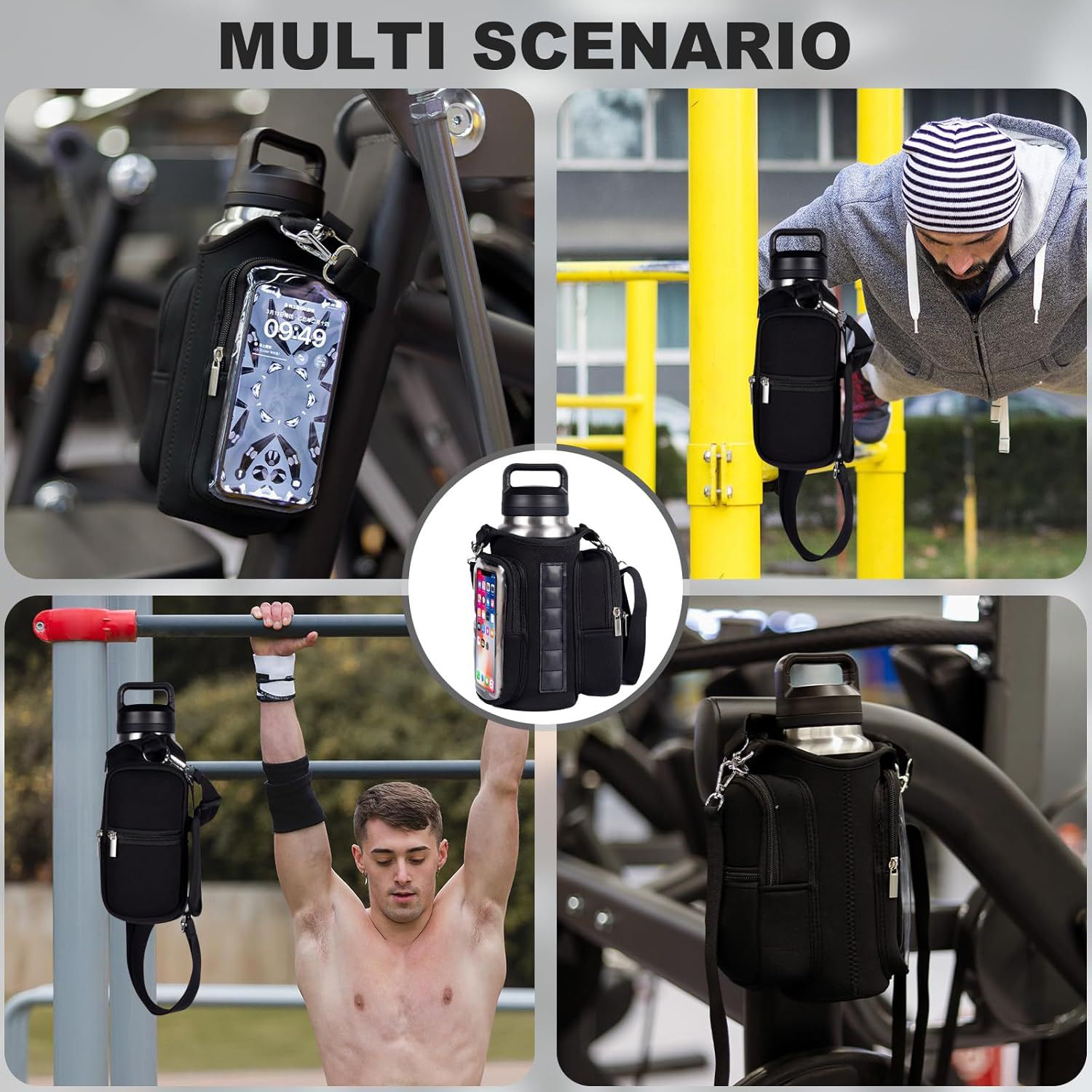 Transparent Single Row 6 Magnet Fitness Water Bottle Bag: HD touchscreen phone pocket, multi-pocket storage, thickened wear-resistant material securely attaches to equipment, one bag handles all sports and travel needs./GREY