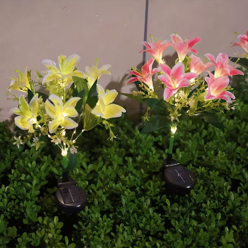 Seven Branch Solar Lily Light: Charges during the day, glows at night. Seven lilies bloom together, soft light flows like water through your garden./PINK