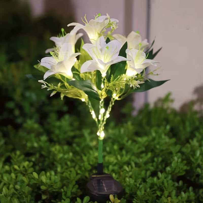 Seven Branch Solar Lily Light: Charges during the day, glows at night. Seven lilies bloom together, soft light flows like water through your garden./PINK