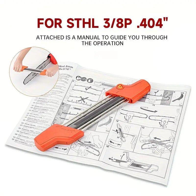 Chain saw file: upgraded lightweight, battery-free and portable, precision sharpening for 3/8-inch saw chain, single-direction reciprocating operation, essential tool for outdoor gardening and forestry maintenance.(Orange-with 5.5 file)