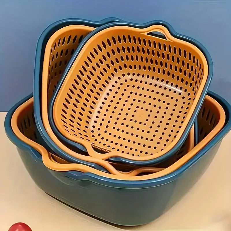 Double layer contrasting color fruit and vegetable drain basket, INS style design for both draining and storage, multiple sizes stackable, healthy PP material, a kitchen tidy and stylish good item./Blue yellow