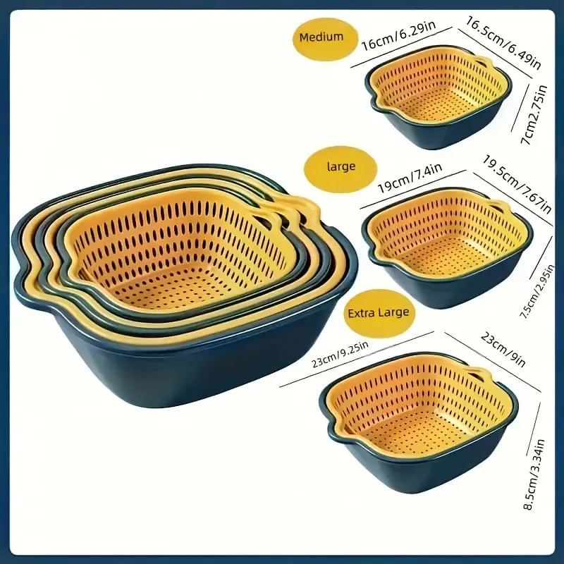Double layer contrasting color fruit and vegetable drain basket, INS style design for both draining and storage, multiple sizes stackable, healthy PP material, a kitchen tidy and stylish good item./Blue yellow