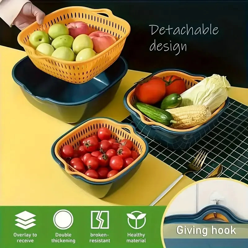 Double layer contrasting color fruit and vegetable drain basket, INS style design for both draining and storage, multiple sizes stackable, healthy PP material, a kitchen tidy and stylish good item./Blue yellow