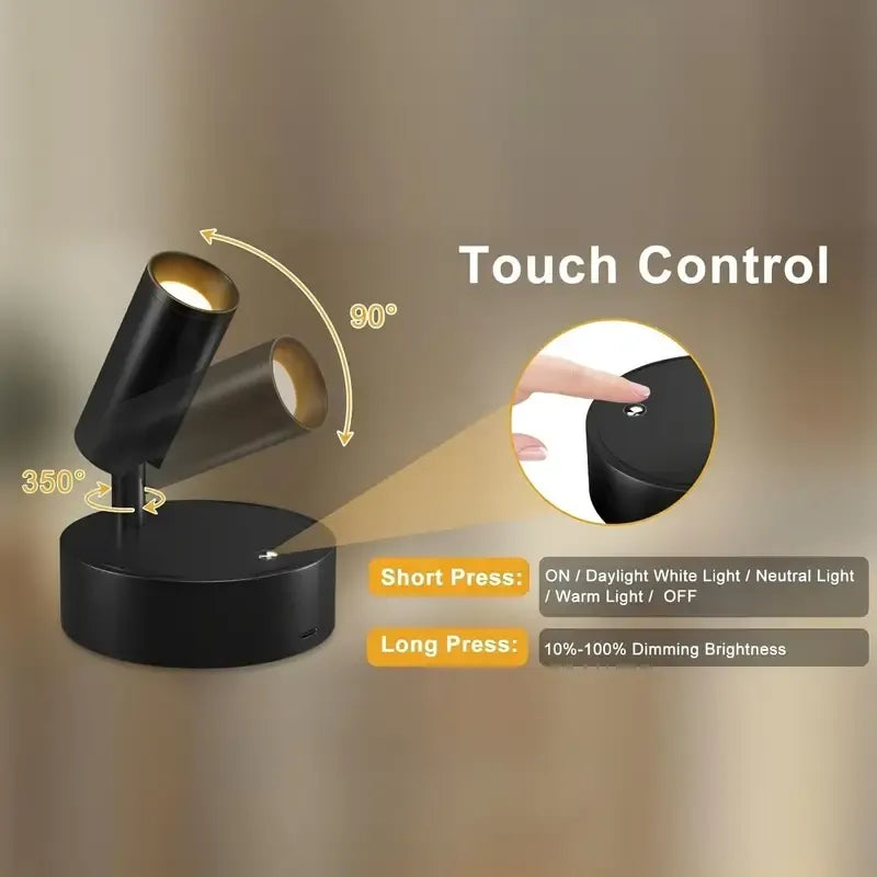 Drill Free Magnetic Charging Spotlight, 2000mAh Long Battery Life Touch Dimming, 350 Degree Rotation Multi Scene, Easily Create Home Ambiance/black