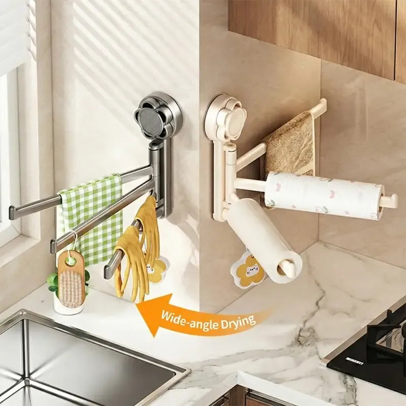 No-drill ABS Suction Cup Towel Rack, 180° Rotating Layered Storage, Dual Use for Kitchen and Bathroom, Sturdy Load Bearing and Easy to Clean./Gun gray four-shot