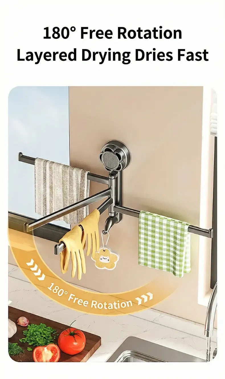 No-drill ABS Suction Cup Towel Rack, 180° Rotating Layered Storage, Dual Use for Kitchen and Bathroom, Sturdy Load Bearing and Easy to Clean./Gun gray four-shot