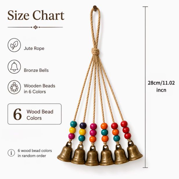 Handmade Bohemian Wind Chime, featuring jute rope with brass bells and colorful wooden beads, rings melodiously in the gentle breeze, adding natural romance to your home.