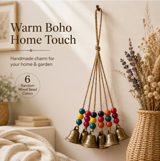 Handmade Bohemian Wind Chime, featuring jute rope with brass bells and colorful wooden beads, rings melodiously in the gentle breeze, adding natural romance to your home.