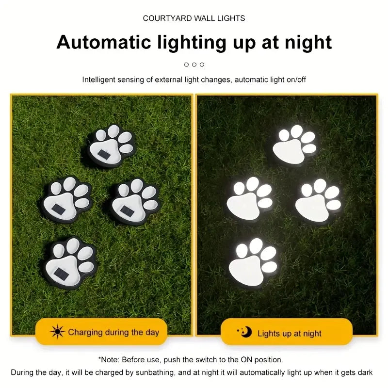 4PCS Dog Paw Solar Ground Light: Realistic paw print design, solar powered, auto on at night. Add warmth and charm to your garden pathway./white light