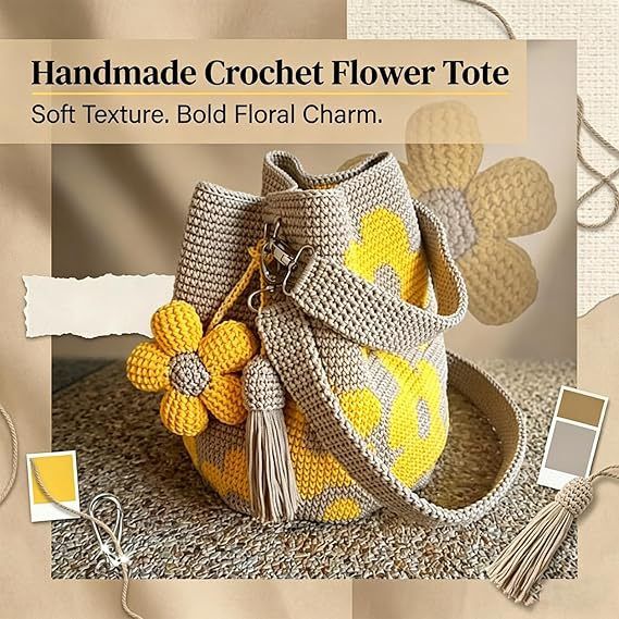 Hand crocheted flower tote bag, beige and brown color scheme with three-dimensional yellow flowers and tassels, can be worn as shoulder bag, crossbody bag, or carried by hand, the perfect choice for everyday outings with a stylish vibe./purple