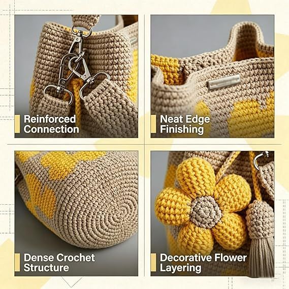 Hand crocheted flower tote bag, beige and brown color scheme with three-dimensional yellow flowers and tassels, can be worn as shoulder bag, crossbody bag, or carried by hand, the perfect choice for everyday outings with a stylish vibe./purple