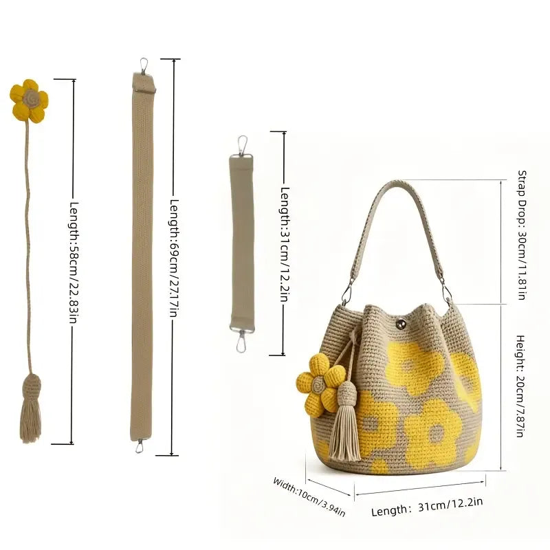 Hand crocheted flower tote bag, beige and brown color scheme with three-dimensional yellow flowers and tassels, can be worn as shoulder bag, crossbody bag, or carried by hand, the perfect choice for everyday outings with a stylish vibe./purple