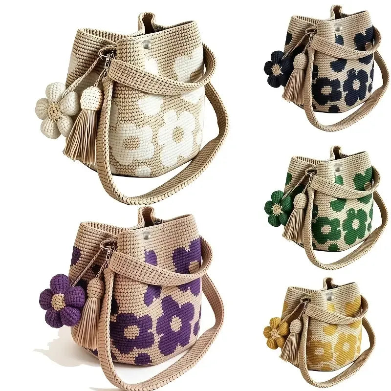 Hand crocheted flower tote bag, beige and brown color scheme with three-dimensional yellow flowers and tassels, can be worn as shoulder bag, crossbody bag, or carried by hand, the perfect choice for everyday outings with a stylish vibe./purple