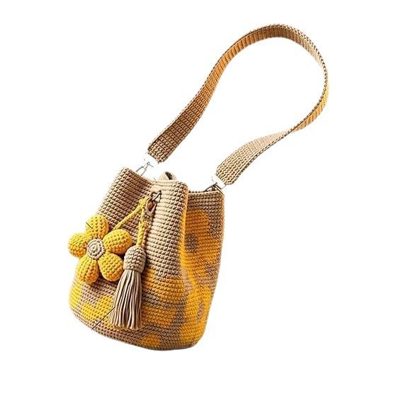 Hand crocheted flower tote bag, beige and brown color scheme with three-dimensional yellow flowers and tassels, can be worn as shoulder bag, crossbody bag, or carried by hand, the perfect choice for everyday outings with a stylish vibe./purple