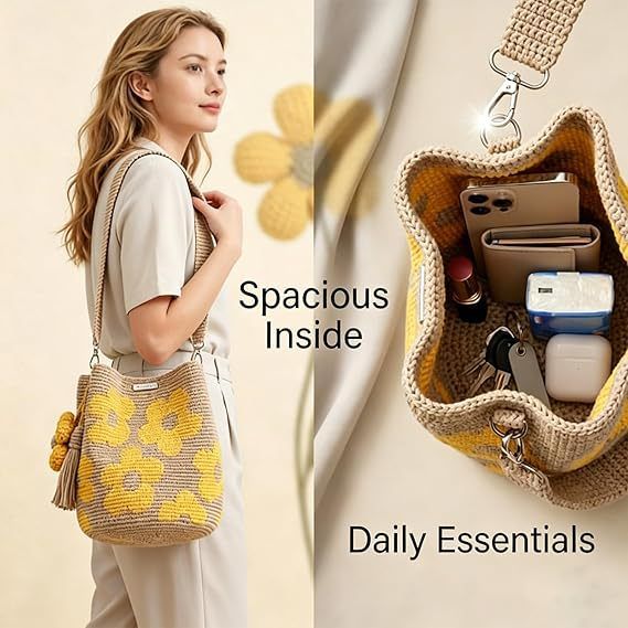 Hand crocheted flower tote bag, can be worn as shoulder bag, crossbody bag, or carried by hand, the perfect choice for everyday outings with a stylish vibe./YELLOW