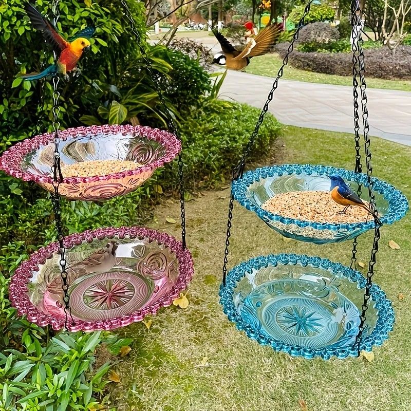 Chain-hung Double-layer Bird Feeder, transparent bowls for easy observation, thickened iron chain for stable load-bearing, adding natural vitality and bird-watching fun to your courtyard.（blue)