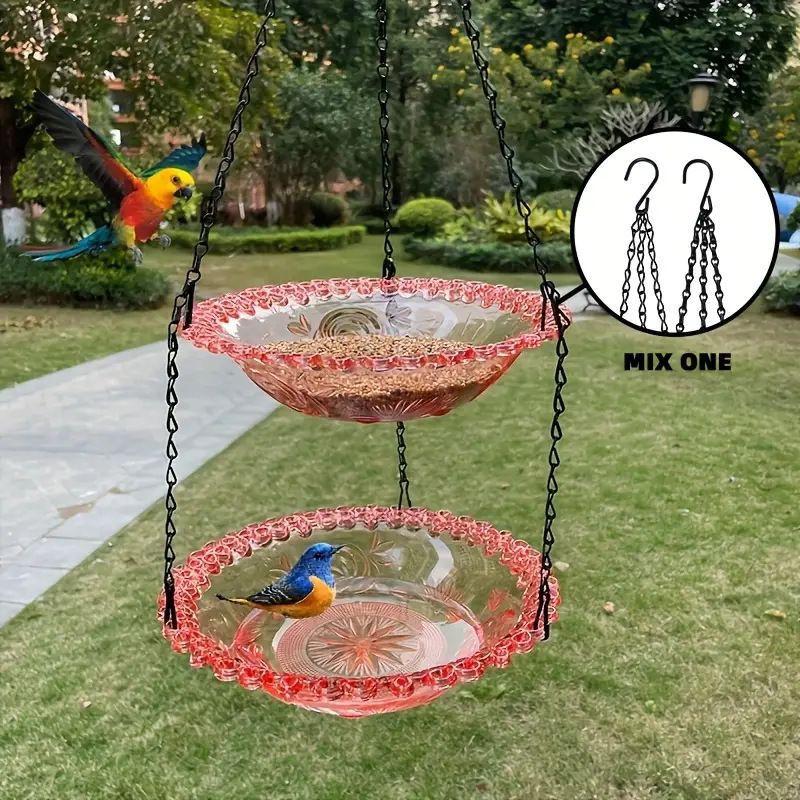 Chain-hung Double-layer Bird Feeder, transparent bowls for easy observation, thickened iron chain for stable load-bearing, adding natural vitality and bird-watching fun to your courtyard.（blue)