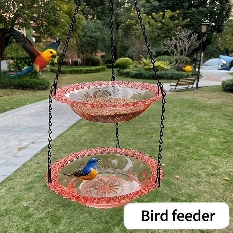 Chain-hung Double-layer Bird Feeder, transparent bowls for easy observation, thickened iron chain for stable load-bearing, adding natural vitality and bird-watching fun to your courtyard./BLACK