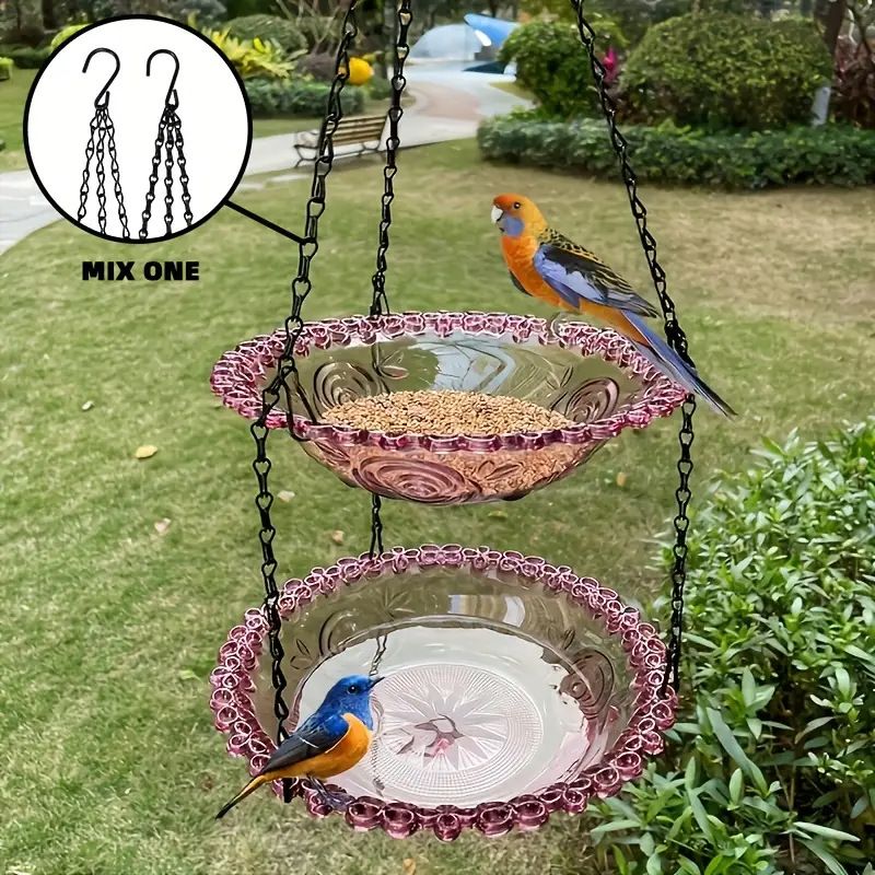 Chain-hung Double-layer Bird Feeder, transparent bowls for easy observation, thickened iron chain for stable load-bearing, adding natural vitality and bird-watching fun to your courtyard./BLACK