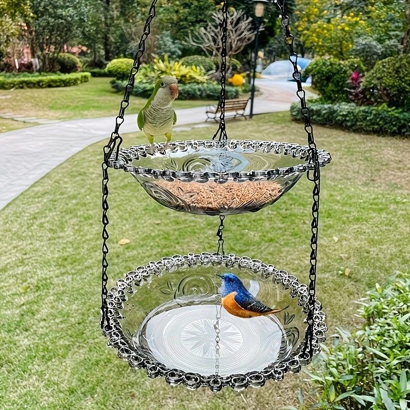 Chain-hung Double-layer Bird Feeder, transparent bowls for easy observation, thickened iron chain for stable load-bearing, adding natural vitality and bird-watching fun to your courtyard.(PINK)