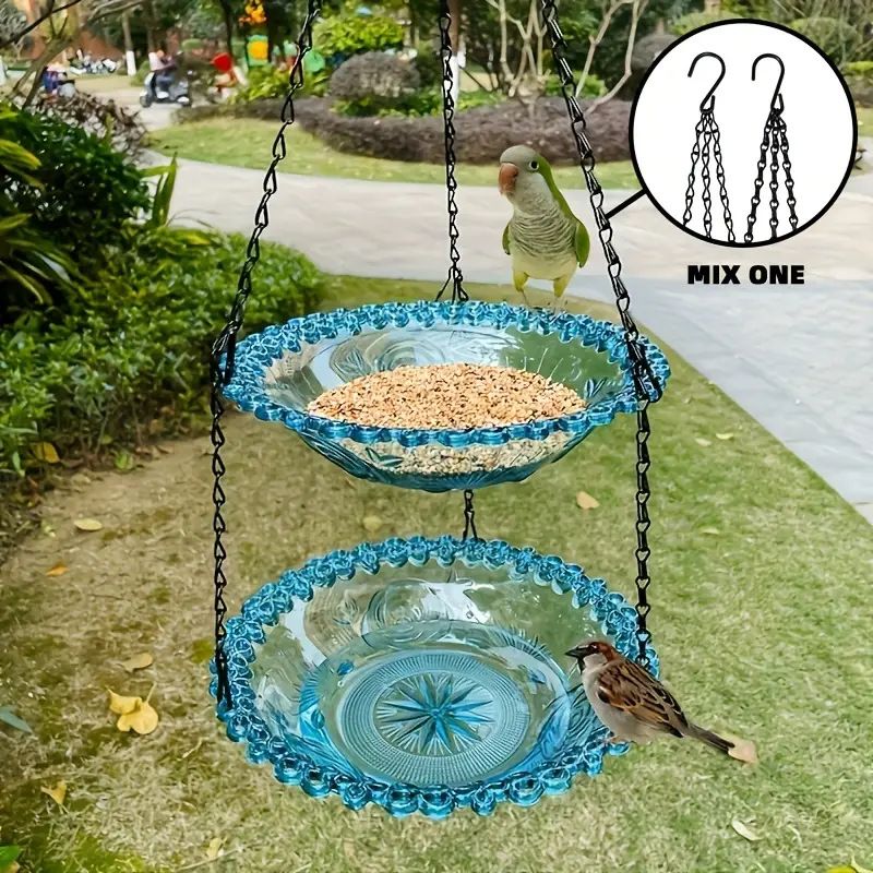 Chain-hung Double-layer Bird Feeder, transparent bowls for easy observation, thickened iron chain for stable load-bearing, adding natural vitality and bird-watching fun to your courtyard./purple