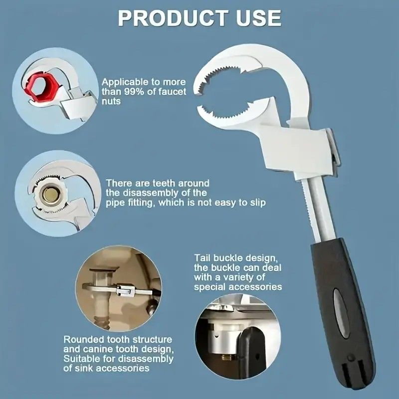 Large-Open Adjustable Basin Wrench, 3-Head Interchangeable Tight-Space Plumbing Tool, Aluminum Alloy Anti-Slip Home Maintenance Tool（Black handle）