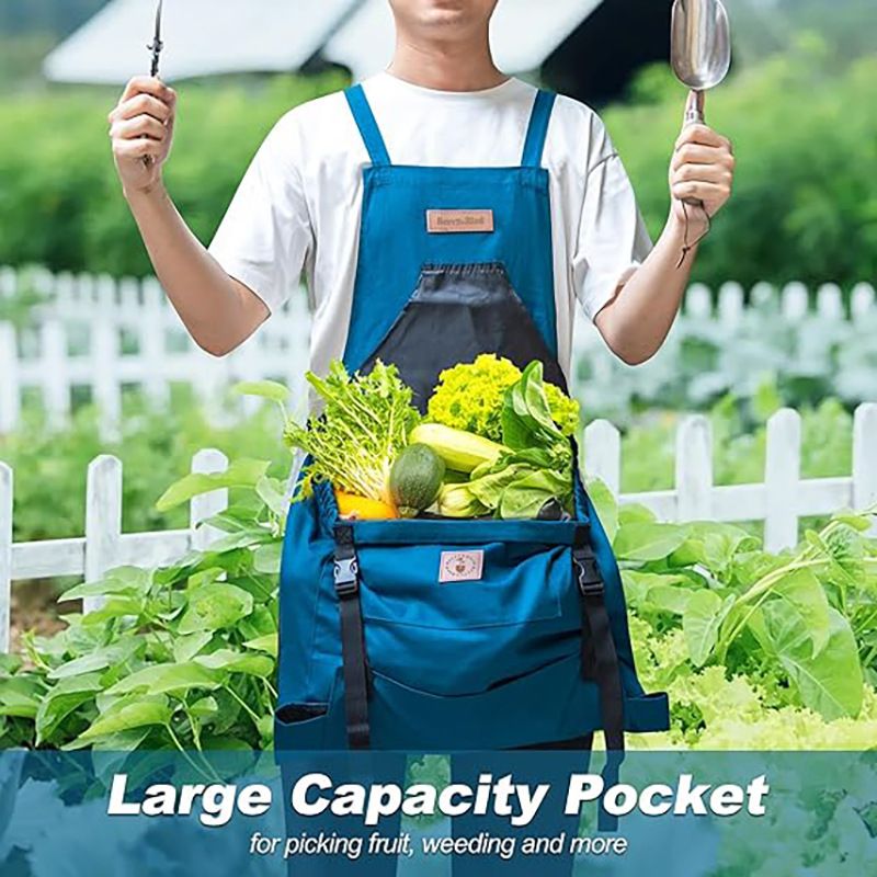 Oxford Cloth Waterproof Gardening Apron, Large Capacity Kangaroo Pocket, Cross Back Straps Comfortable, Great Helper for Picking and Weeding(grey)