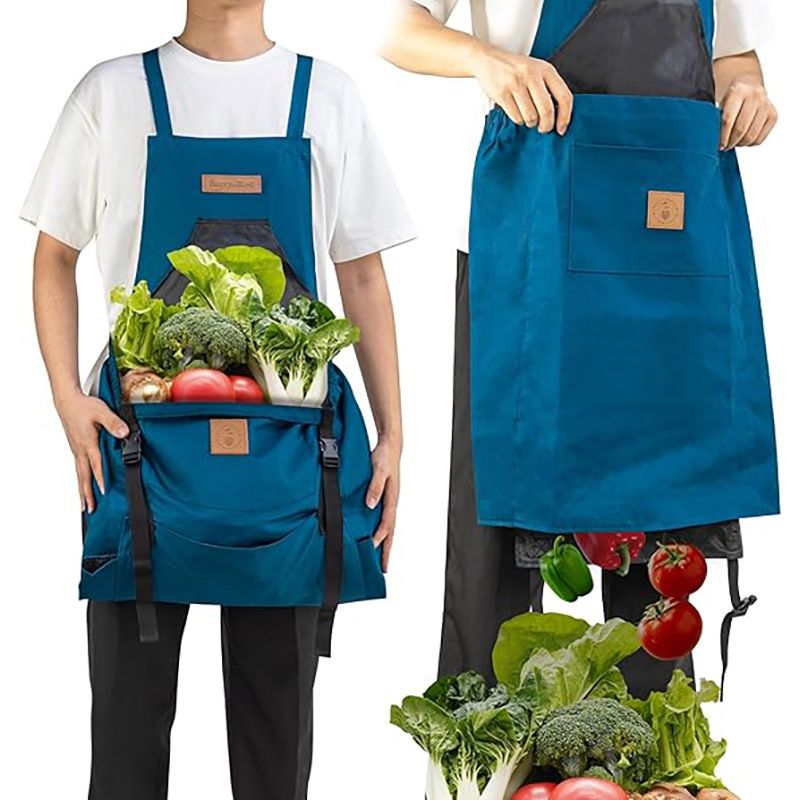 Oxford Cloth Waterproof Gardening Apron, Large Capacity Kangaroo Pocket, Cross Back Straps Comfortable, Great Helper for Picking and Weeding(grey)