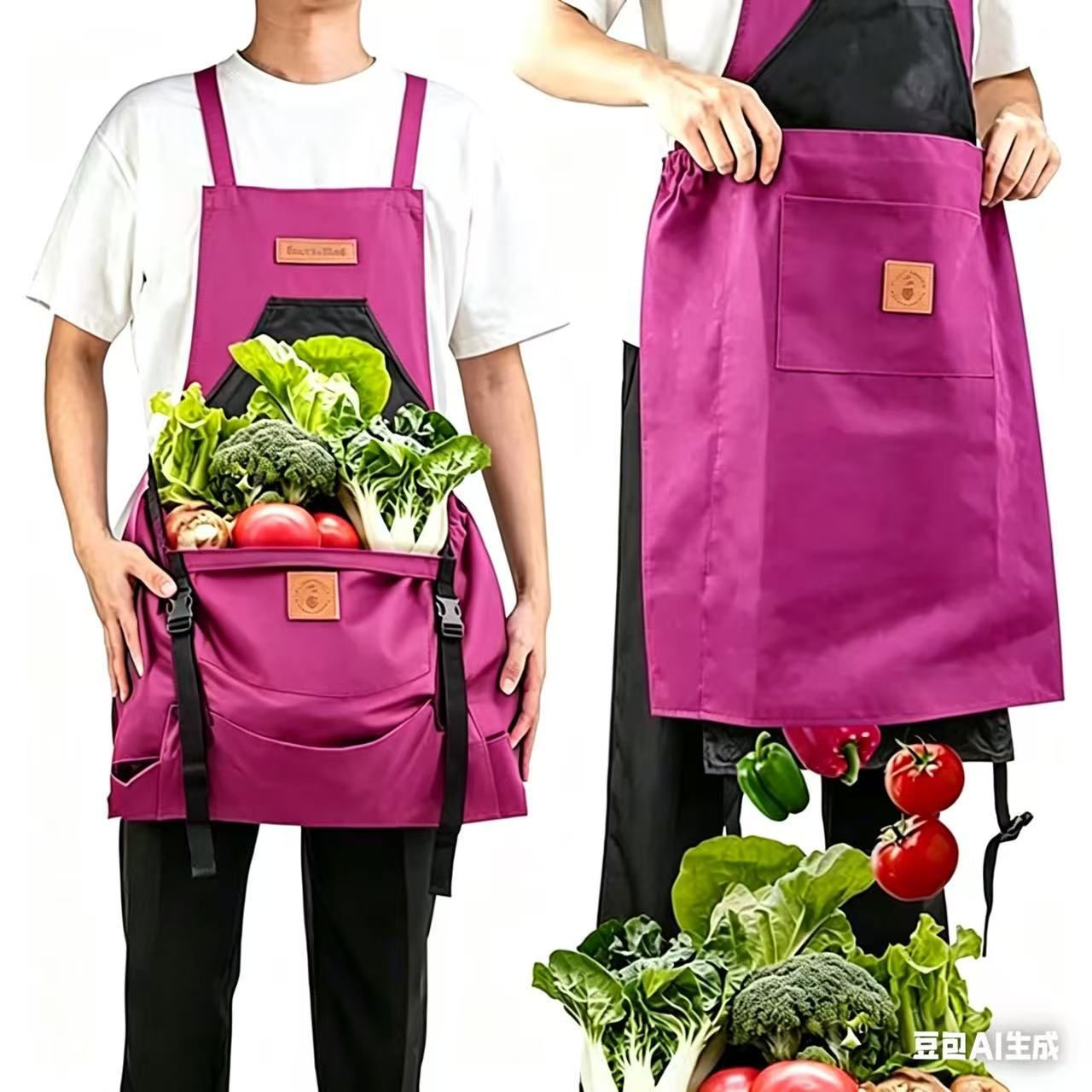 Oxford Cloth Waterproof Gardening Apron, Large Capacity Kangaroo Pocket, Cross Back Straps Comfortable, Great Helper for Picking and Weeding(pitch green)