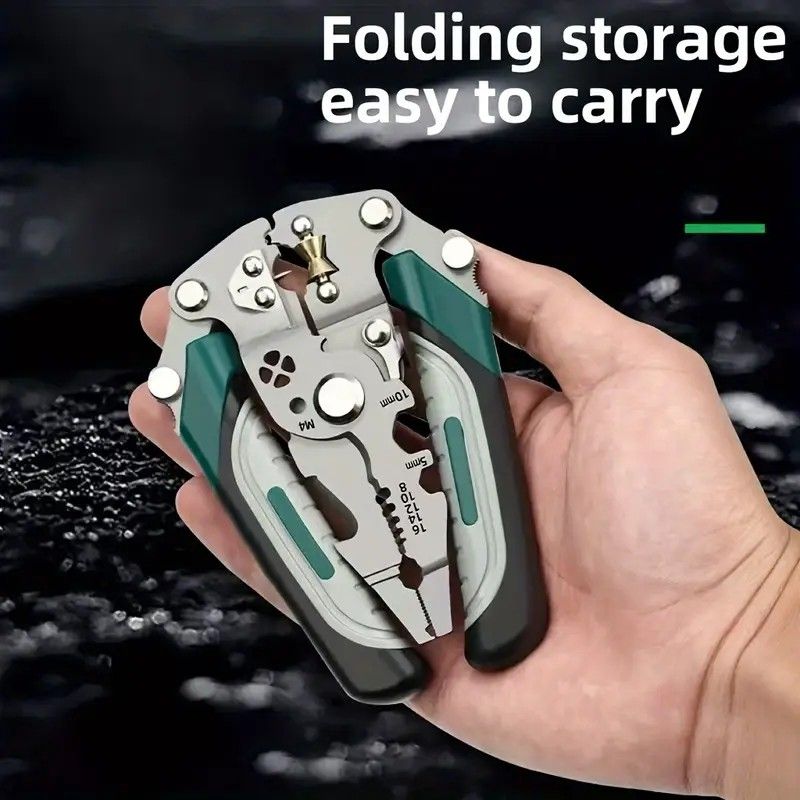 Multifunctional Folding Wire Stripper, Integrated with Wire Stripping, Crimping, Cutting, and Terminal Crimping Functions, Rubber Anti-slip Handle, Lightweight and Portable, Essential Tool for Efficient Electrician Work.