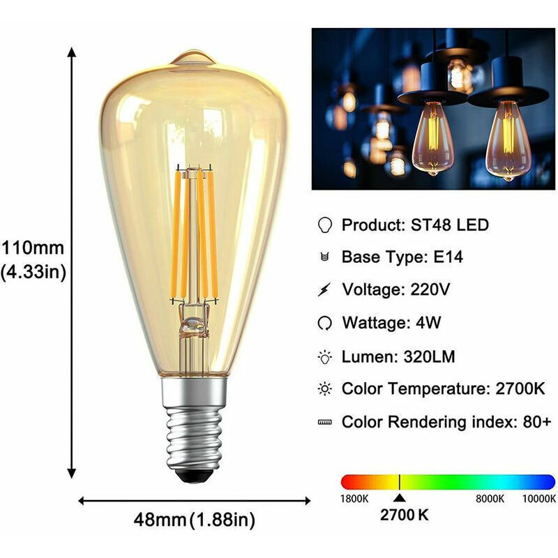 3x E14 Edison LED Bulbs ST48 4W Warm White Vintage Filament Retro Lamp