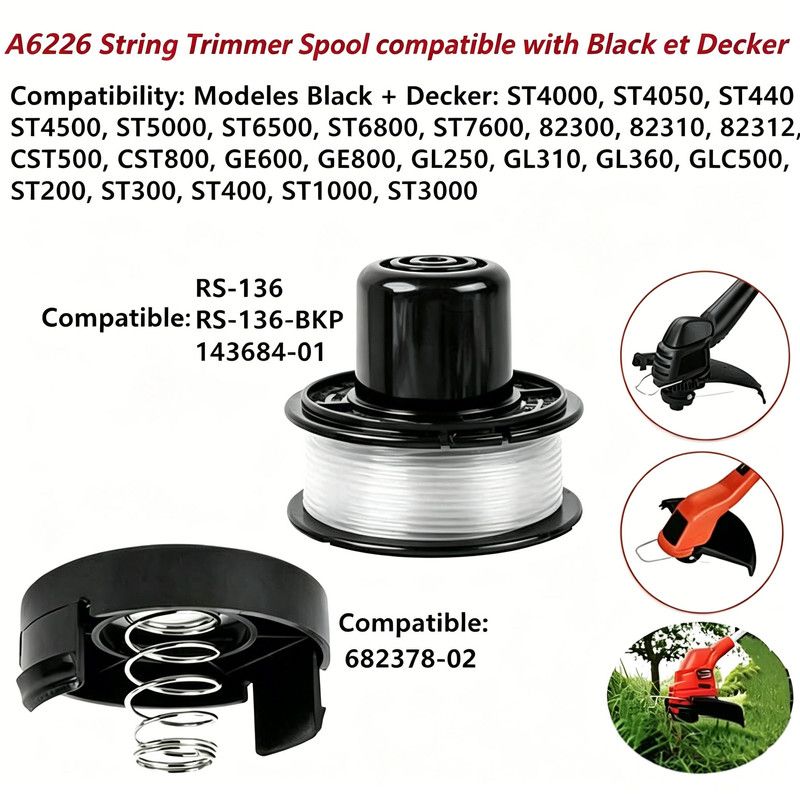 3x Trimmer Line Spools A6226 Replacement for Black and Decker Strimmer