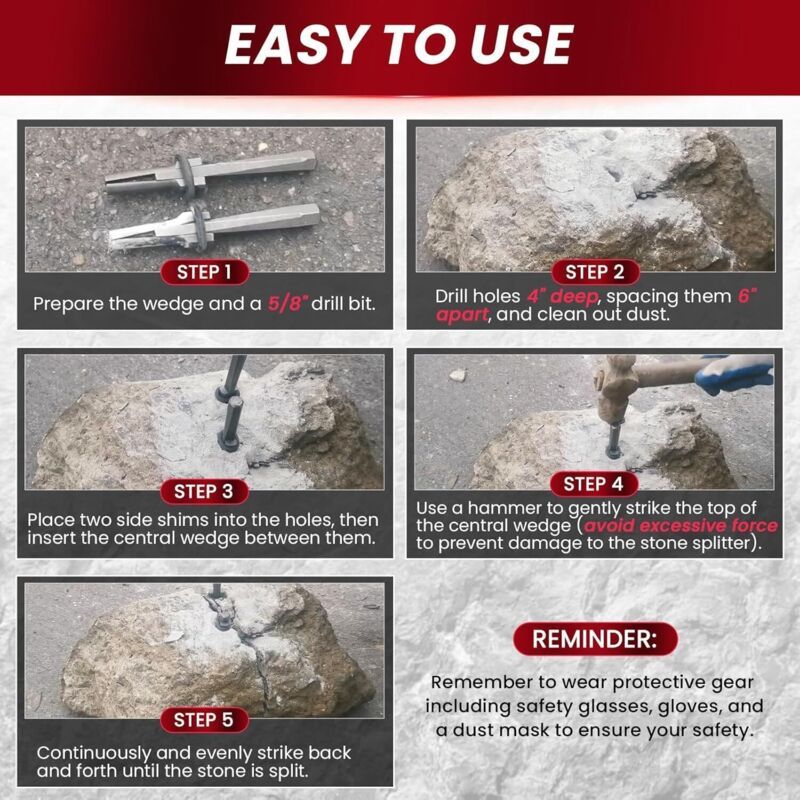 10x Stone Splitting Wedges and Feathers 16mm for Granite Marble Concrete