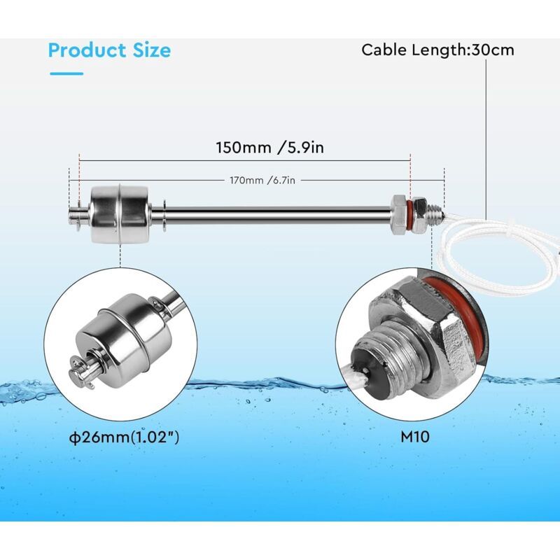 Stainless Steel Float Switch Water Level Sensor M10 150mm Pool Pond Pump