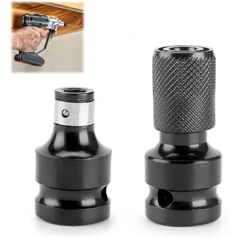 2x Impact Driver Bit Adapters 1/4 Hex to 1/2in Socket Wrench Drive