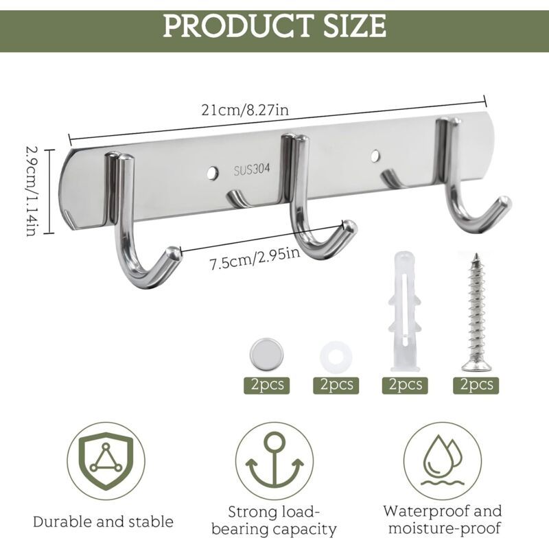 Patere a 3 Hooks in Steel Stainless for Bedroom a Coucher Armoire, Kitchen Bathroom