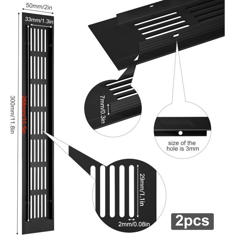 2x Aluminium Rectangular Air Vent Grilles 30x5cm Black with Screws