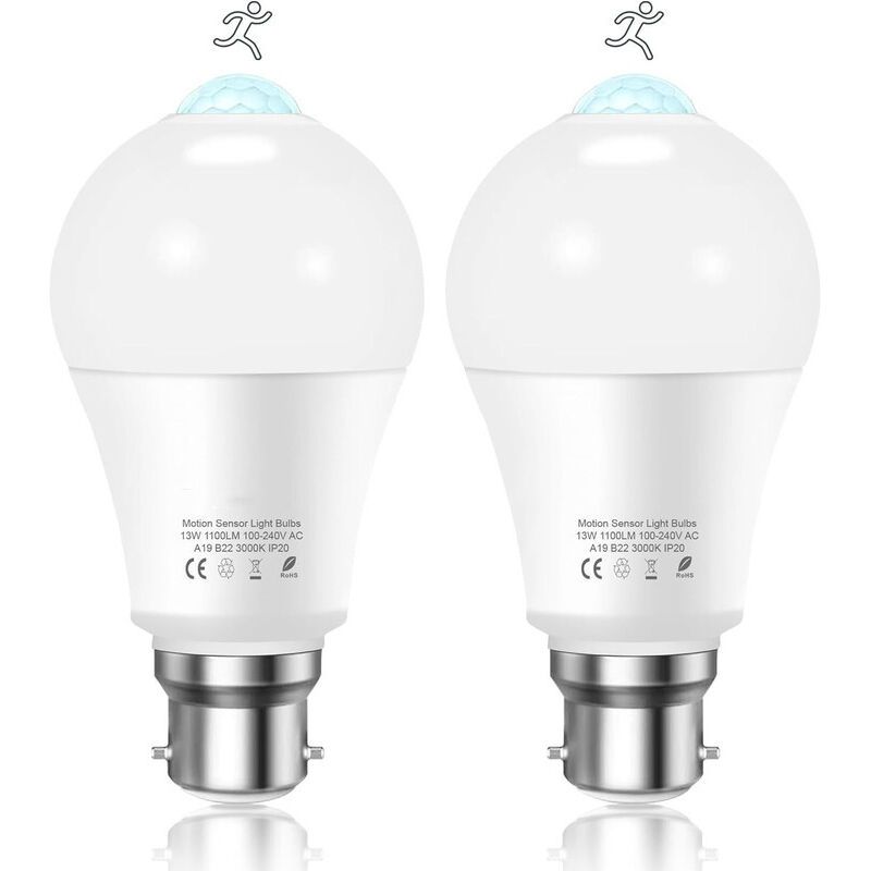 2x B22 LED Motion Sensor Bulbs 12W 1020lm Cool White 6000K Bayonet