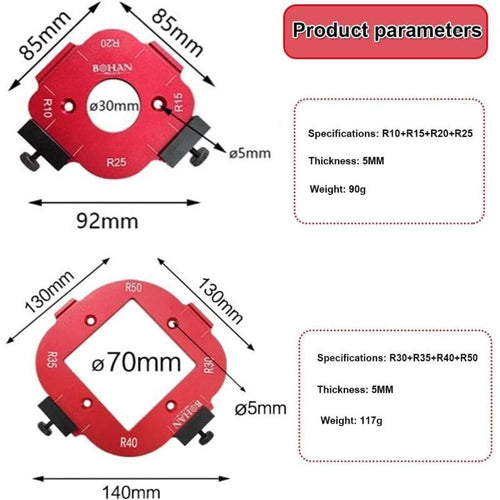 2x Router Radius Jig Templates R10-R50 Corner Arc Positioning Worktop