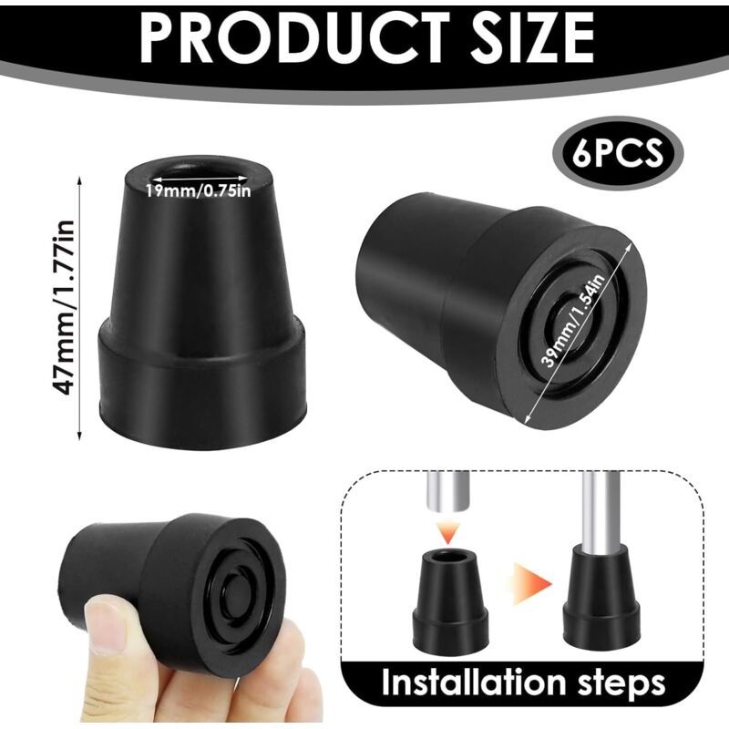 6x Heavy Duty Rubber Crutch Tips Cane End Caps 19mm Steel Reinforced
