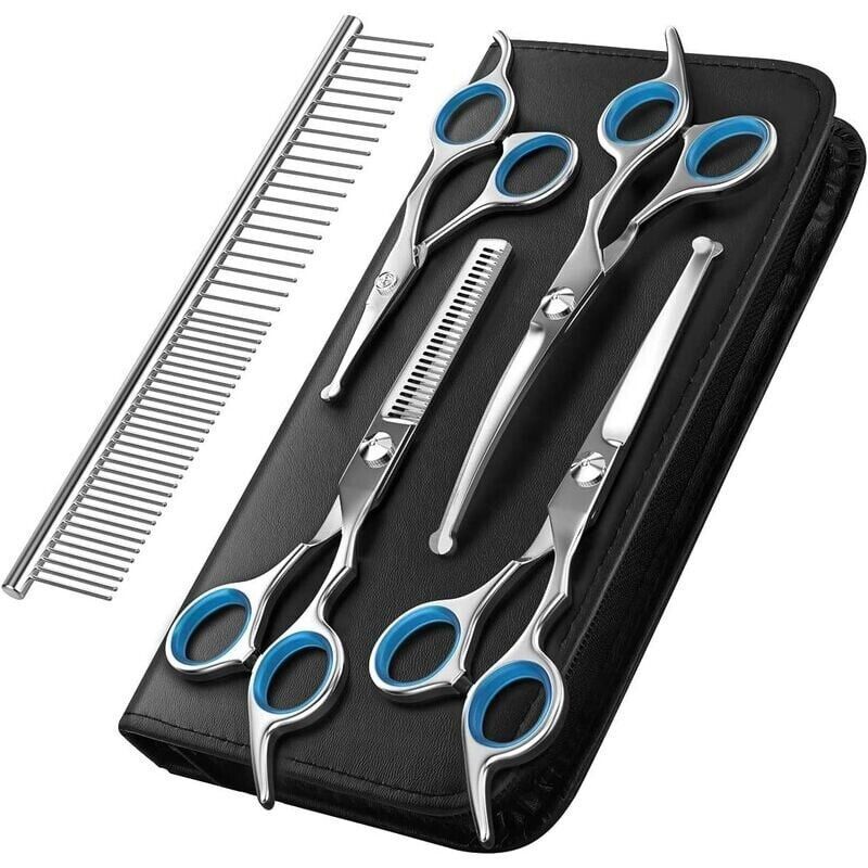 5pc Titanium Coated Stainless Dog Grooming Scissors Set Blue Pet Tool Kit