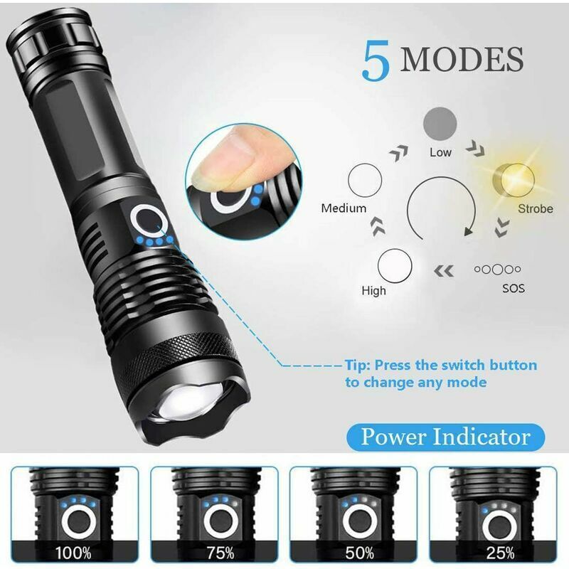 9000 Lumen LED Torch USB Rechargeable XHP70 Ultra Bright Pocket Flashlight