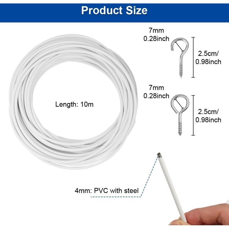Curtain Wire 10m White with 25 Eye Bolts and Screw Hooks for Nets