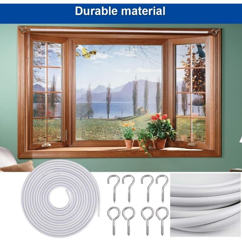 Curtain Wire 10m White with 25 Eye Bolts and Screw Hooks for Nets
